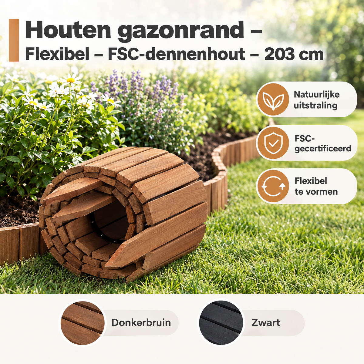 Flexibele houten gazonrand van FSC-dennenhout, 203 cm lang, ideaal voor het afbakenen van gazons en tuinranden.