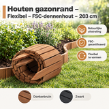 Flexibele houten gazonrand van FSC-dennenhout, 203 cm lang, ideaal voor het afbakenen van gazons en tuinranden.