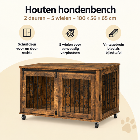 Houten hondenbench van BukkitBow met 2 deuren, 5 wielen en afmetingen 100x56x65 cm, geschikt voor huisdieren.