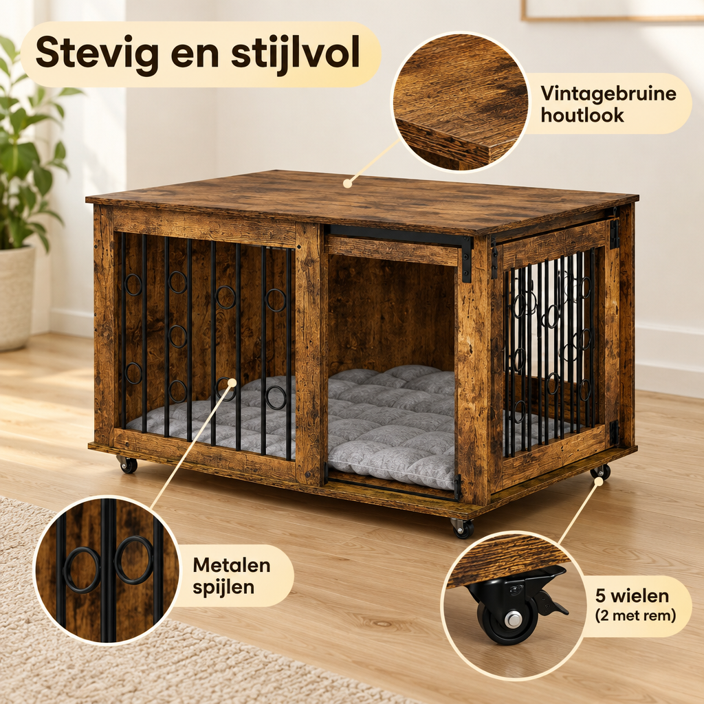 Detail van materiaal en afwerking van houten hondenbench
