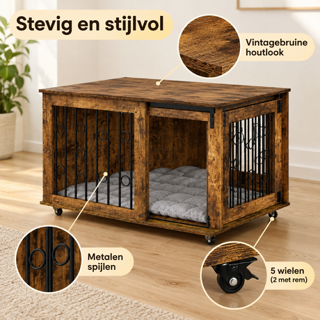 Houten hondenbench van BukkitBow met 2 deuren, 5 wielen en afmetingen 100x56x65 cm, zichtbaar met houten structuur en metalen handgrepen.
