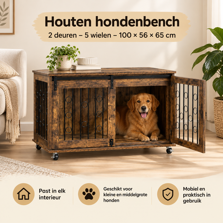 Houten hondenbench van BukkitBow met 2 deuren, 5 wielen en afmetingen 100x56x65 cm, geschikt voor het veilig huisdierenverblijf.