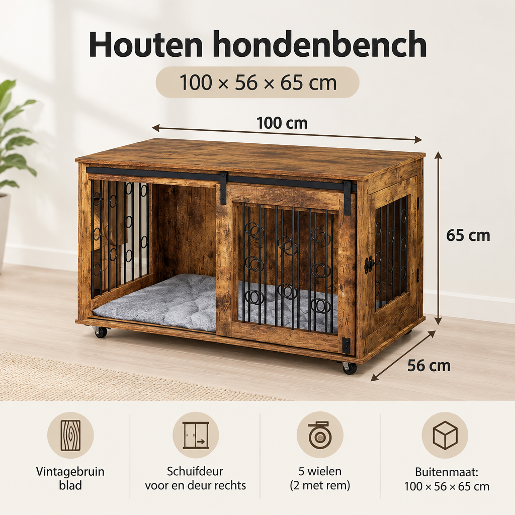 Afmetingen en productspecificaties van houten hondenbench