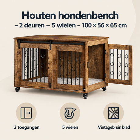 Houten hondenbench van BukkitBow met 2 deuren, 5 wielen en afmetingen 100x56x65 cm, geschikt voor huisdieren.