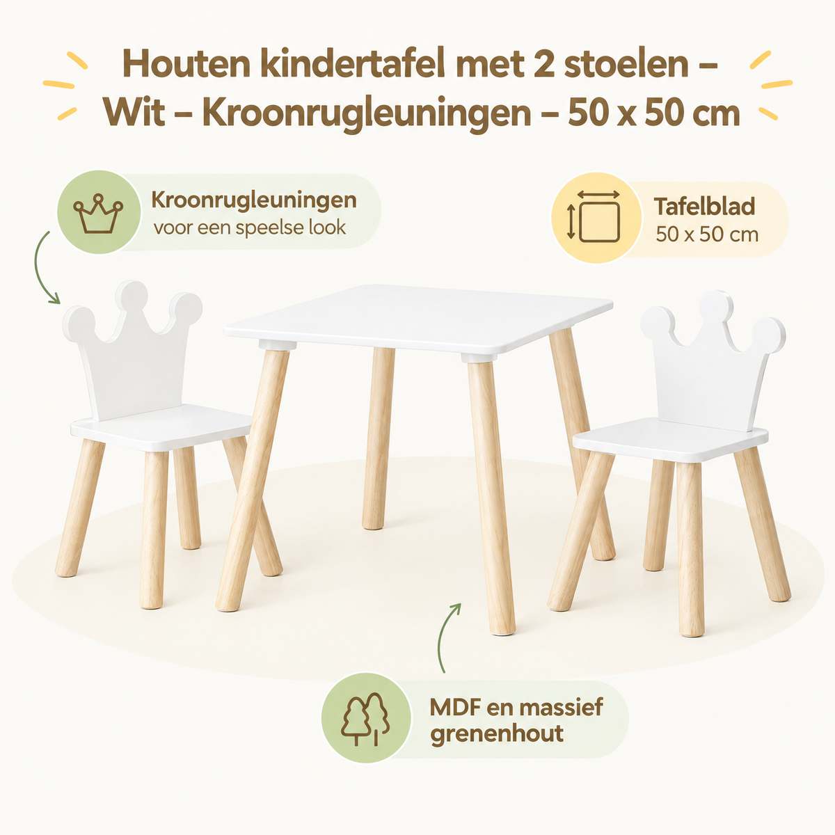 Houten kindertafelset met 2 witte stoelen en kroonrugleuningen, 50x50 cm, geschikt voor kinderen, door BukkitBow