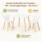 Houten kindertafelset met 2 witte stoelen en kroonrugleuningen, 50x50 cm, geschikt voor kinderen, door BukkitBow