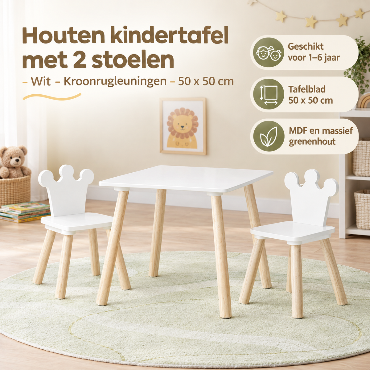 Houten kindertafelset met 2 witte stoelen en kroonrugleuningen, afmetingen 50x50 cm, door BukkitBow.