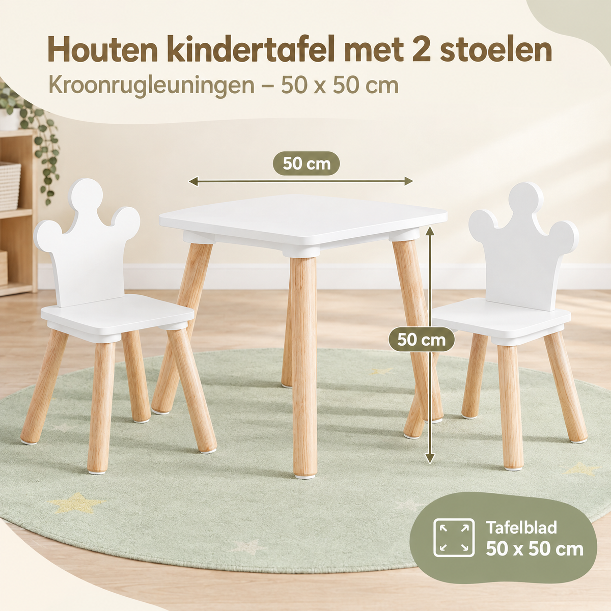 Houten kindertafelset met 2 witte stoelen en kroonrugleuningen, 50x50 cm, van BukkitBow, geschikt voor kinderen