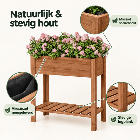 Houten kweektafel van BukkitBow, gemaakt van sparrenhout, met legplank, afmetingen 80x40x75 cm, geschikt voor tuinieren.