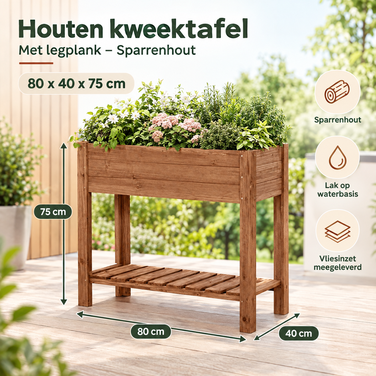 Afmetingen en productspecificaties van houten kweektafel