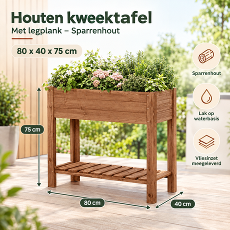 Houten kweektafel van BukkitBow met legplank, gemaakt van sparrenhout, afmetingen 80x40x75 cm, geschikt voor tuinieren en kweken.