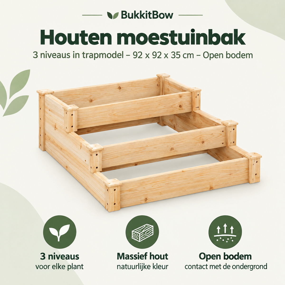 Overzicht van houten moestuinbak met de belangrijkste productvoordelen