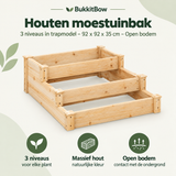 Overzicht van houten moestuinbak met de belangrijkste productvoordelen