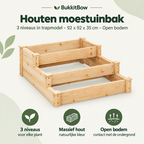 Overzicht van houten moestuinbak met de belangrijkste productvoordelen