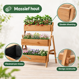 Houten plantenbak op poten van massief hout met 2 of 3 niveaus, 80 cm breed, detail van het materiaal en ontwerp.