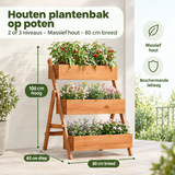 Houten plantenbak op poten met 2 of 3 niveaus van massief hout, 80 cm breed, geschikt voor tuin of terras.