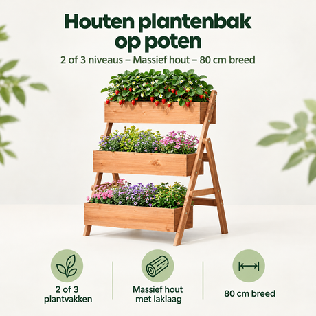 Houten plantenbak op poten met 2 niveaus, massief hout, 80 cm breed, overzicht van kernvoordelen, door BukkitBow