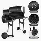 Detail van materiaal en afwerking van houtskoolbarbecue met smoker