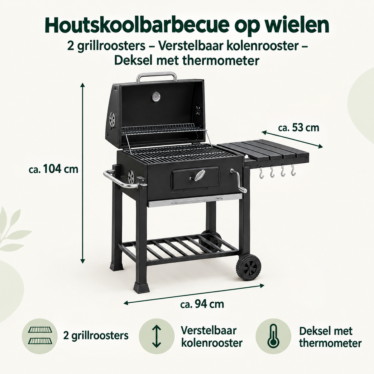 Afmetingen en productspecificaties van houtskoolbarbecue op wielen