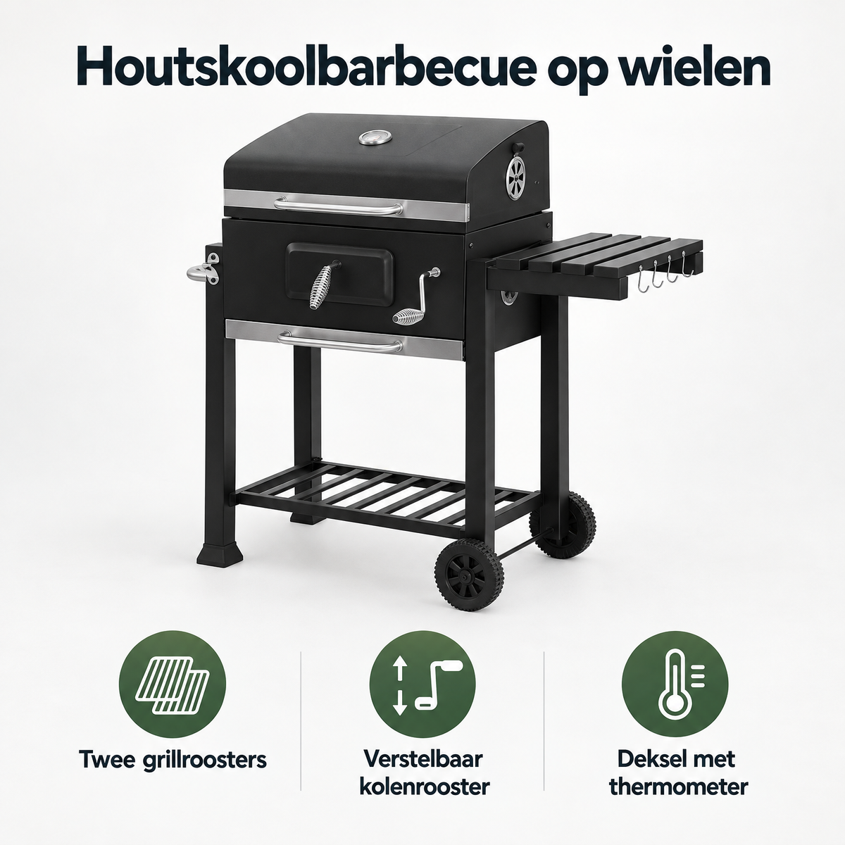 Overzicht van houtskoolbarbecue op wielen met de belangrijkste productvoordelen