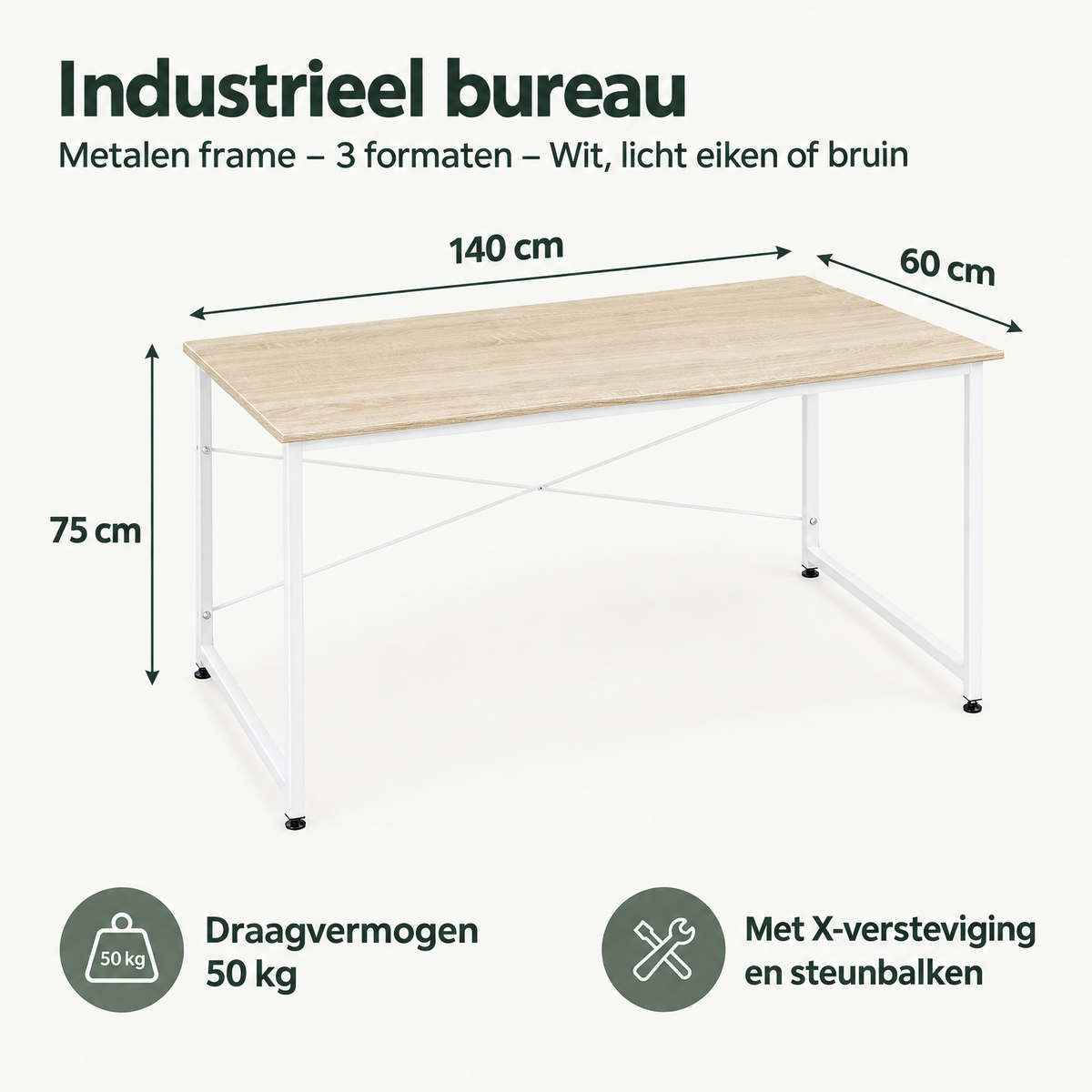 Afmetingen en productspecificaties van industrieel bureau
