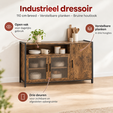 Industrieel dressoir van BukkitBow, 110 cm breed met verstelbare planken en bruine houtlook, perfect voor moderne interieurs.