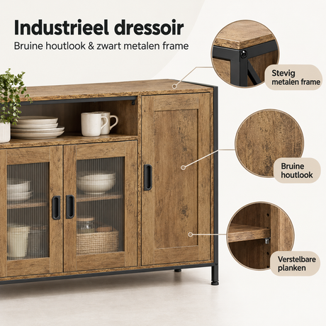 Industrieel dressoir van BukkitBow, 110 cm breed, met verstelbare planken en bruine houtlook, details van het materiaal.