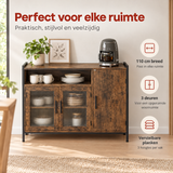 Industrieel dressoir van BukkitBow, 110 cm breed met bruine houtlook en verstelbare planken, praktische opbergoplossing.
