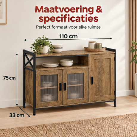 Industrieel dressoir van BukkitBow, 110 cm breed met verstelbare planken en bruine houtlook, geschikt voor moderne interieurs.
