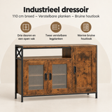 Industrieel dressoir van BukkitBow, 110 cm breed, met verstelbare planken en bruin houtlook, overzicht van kernvoordelen