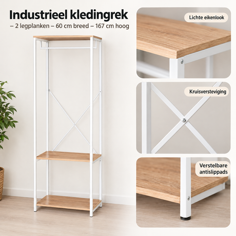 Detail van materiaal en afwerking van industrieel kledingrek