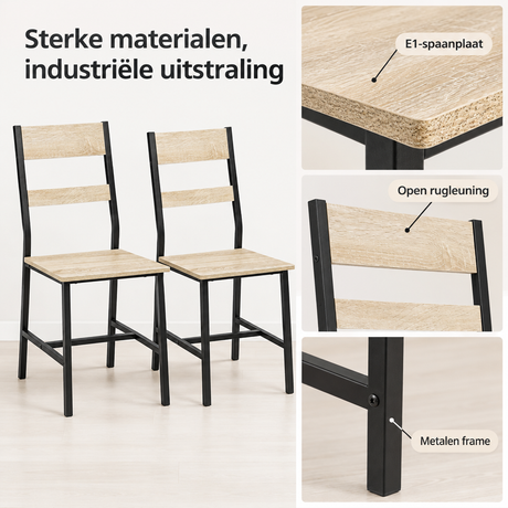 Set van 2 industriele eetkamerstoelen van BukkitBow met metalen frame en rugleuning, gedetailleerde close-up van het materiaal.