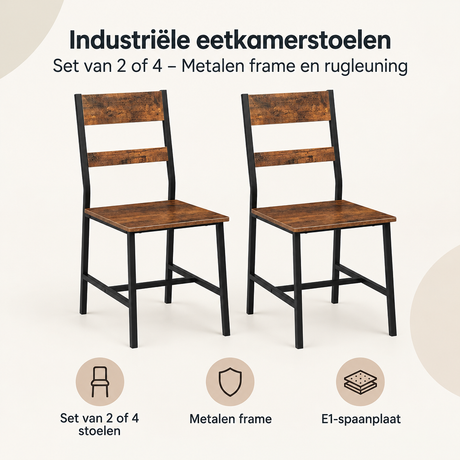 Set van 2 industriële eetkamerstoelen van BukkitBow met metalen frame en rugleuning, modern en stevig design.