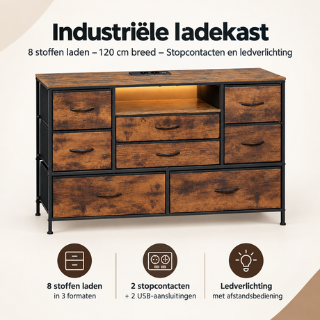Industriële BukkitBow ladekast met 8 stoffen laden, 120 cm breed, inclusief stopcontacten en LED-verlichting, overzicht van kernvoordelen.