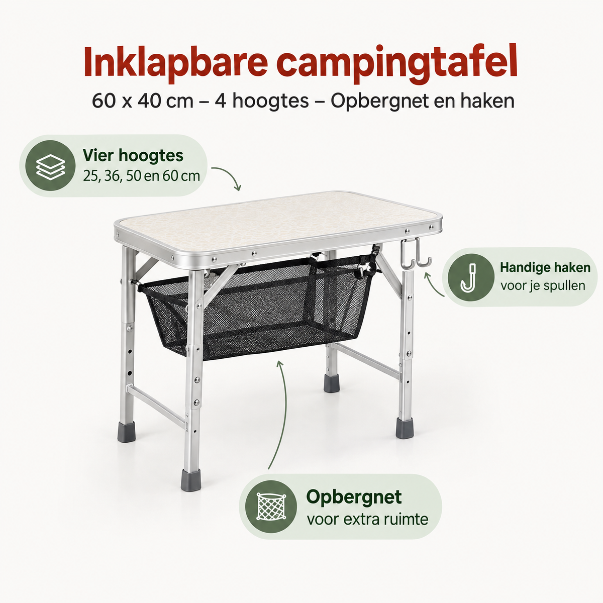 Inklapbare campingtafel van BukkitBow, 60x40 cm, met vier hoogtes, opbergnet en haken voor kampeerplezier.