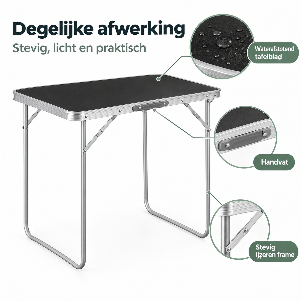Inklapbare campingtafel van BukkitBow met handvat, 70x50x60 cm, lichtgewicht en gemakkelijk op te bergen.