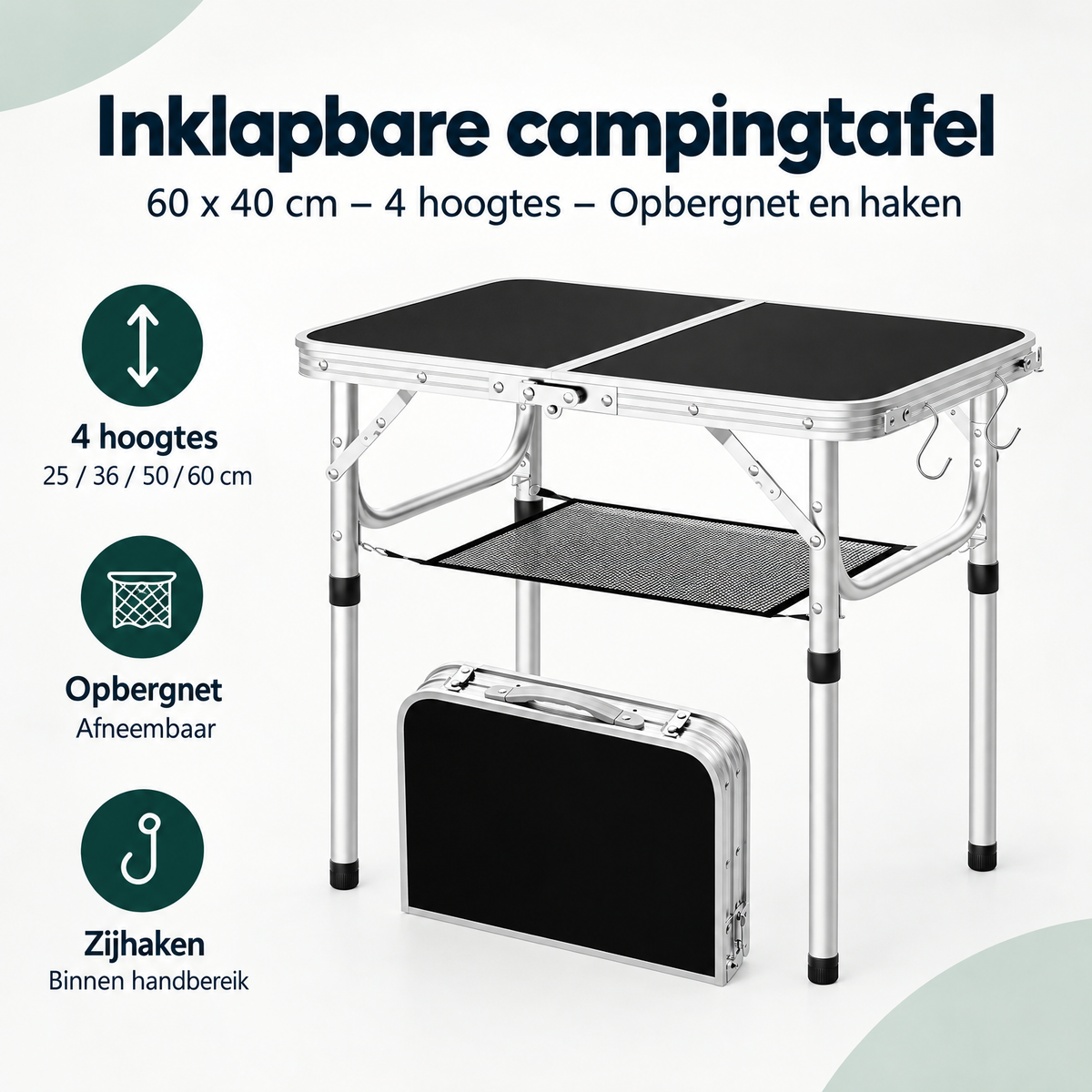 Inklapbare campingtafel van BukkitBow, 60x40 cm, met 4 hoogtes, opbergnet en haken voor gemakkelijke campinggebruik.