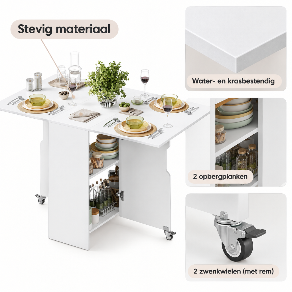 Detail van materiaal en afwerking van inklapbare eettafel