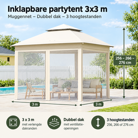 Afmetingen en productspecificaties van inklapbare partytent 3x3