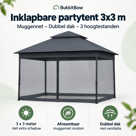 Overzicht van inklapbare partytent 3x3 met de belangrijkste productvoordelen
