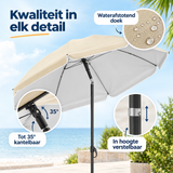 Detail van materiaal en afwerking van kantelbare parasol