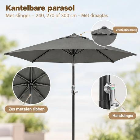 Detail van materiaal en afwerking van kantelbare parasol