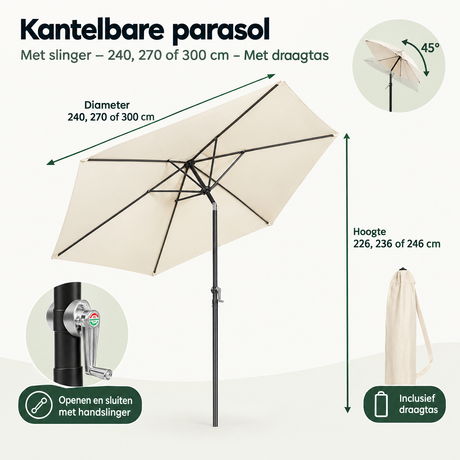 Afmetingen en productspecificaties van kantelbare parasol
