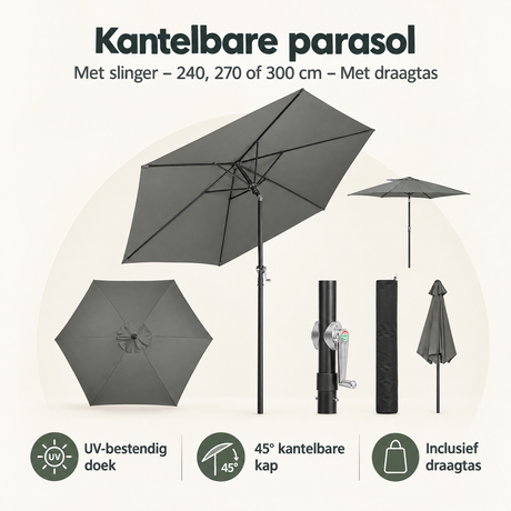 Overzicht van kantelbare parasol met de belangrijkste productvoordelen