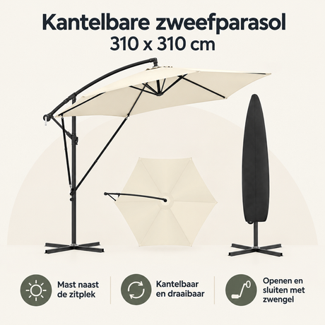 Overzicht van kantelbare zweefparasol met de belangrijkste productvoordelen