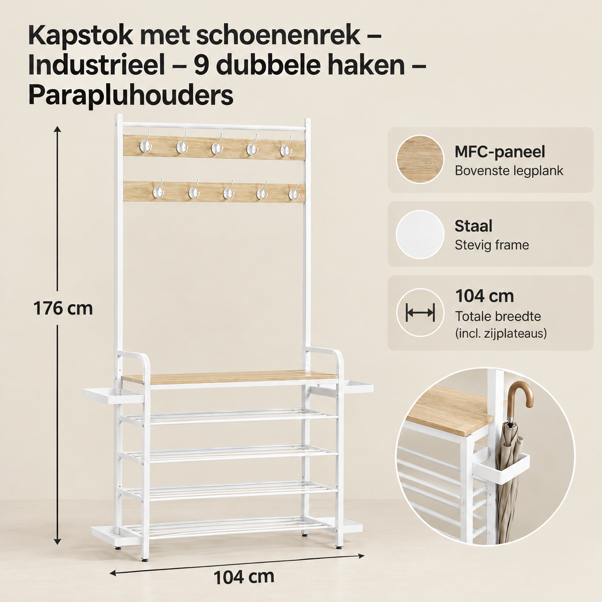 Afmetingen en productspecificaties van kapstok met schoenenrek