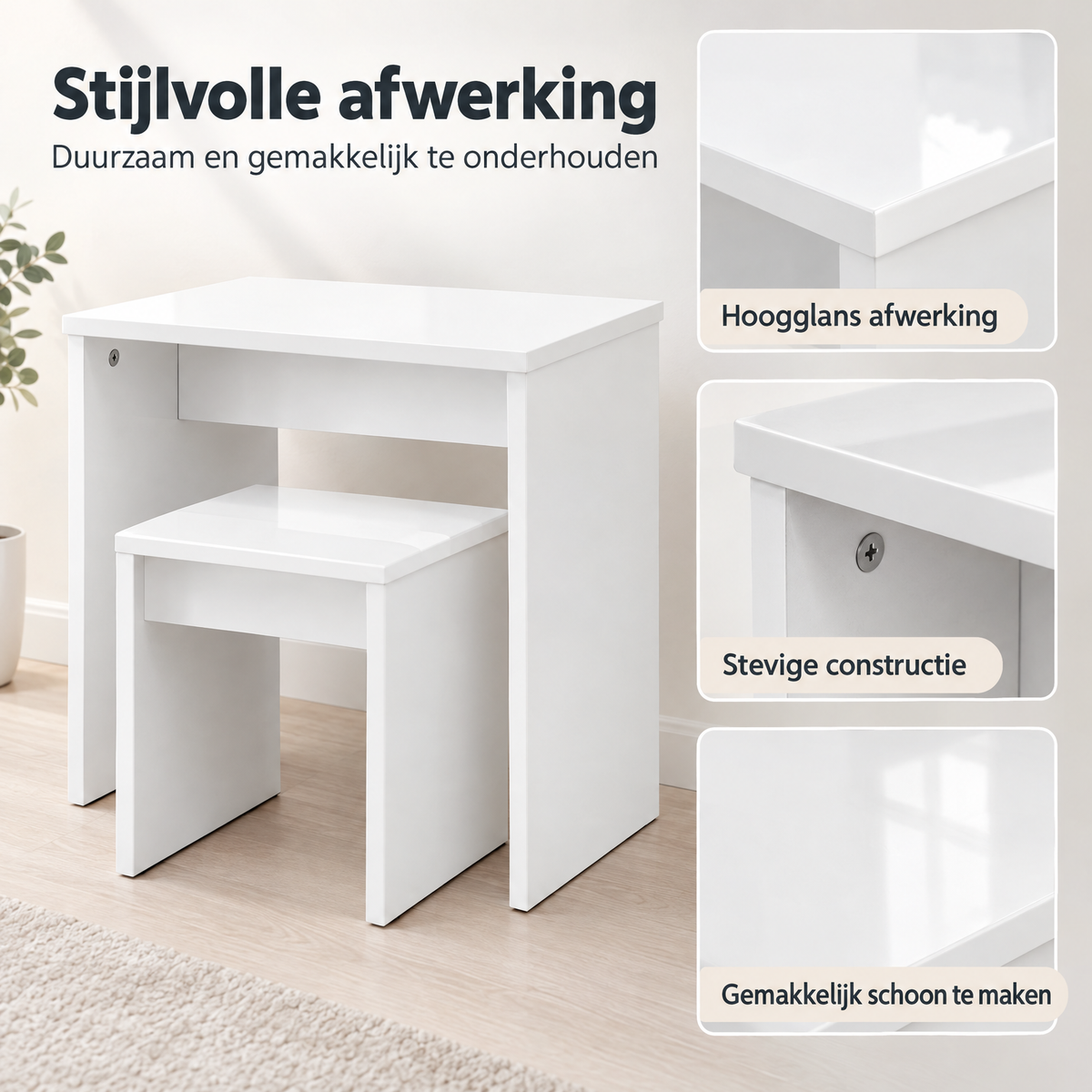 Detail van materiaal en afwerking van kaptafel met inklapbare spiegel