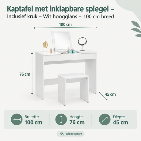 Afmetingen en productspecificaties van kaptafel met inklapbare spiegel