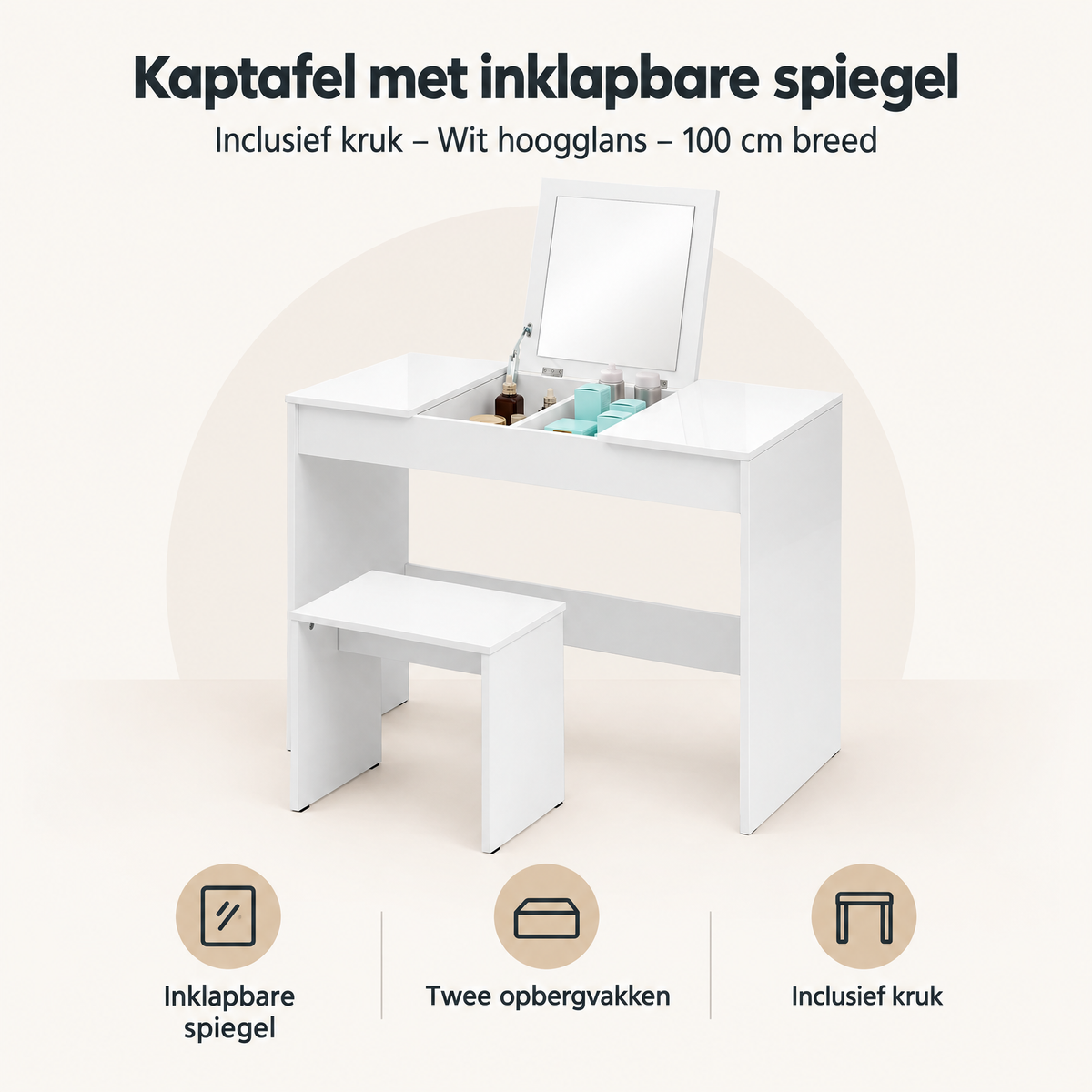 Overzicht van kaptafel met inklapbare spiegel met de belangrijkste productvoordelen