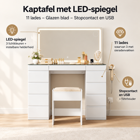 Kaptafel met LED-spiegel, 11 lades, glazen blad, stopcontact en USB, door BukkitBow voor stijlvolle opmaakruimte